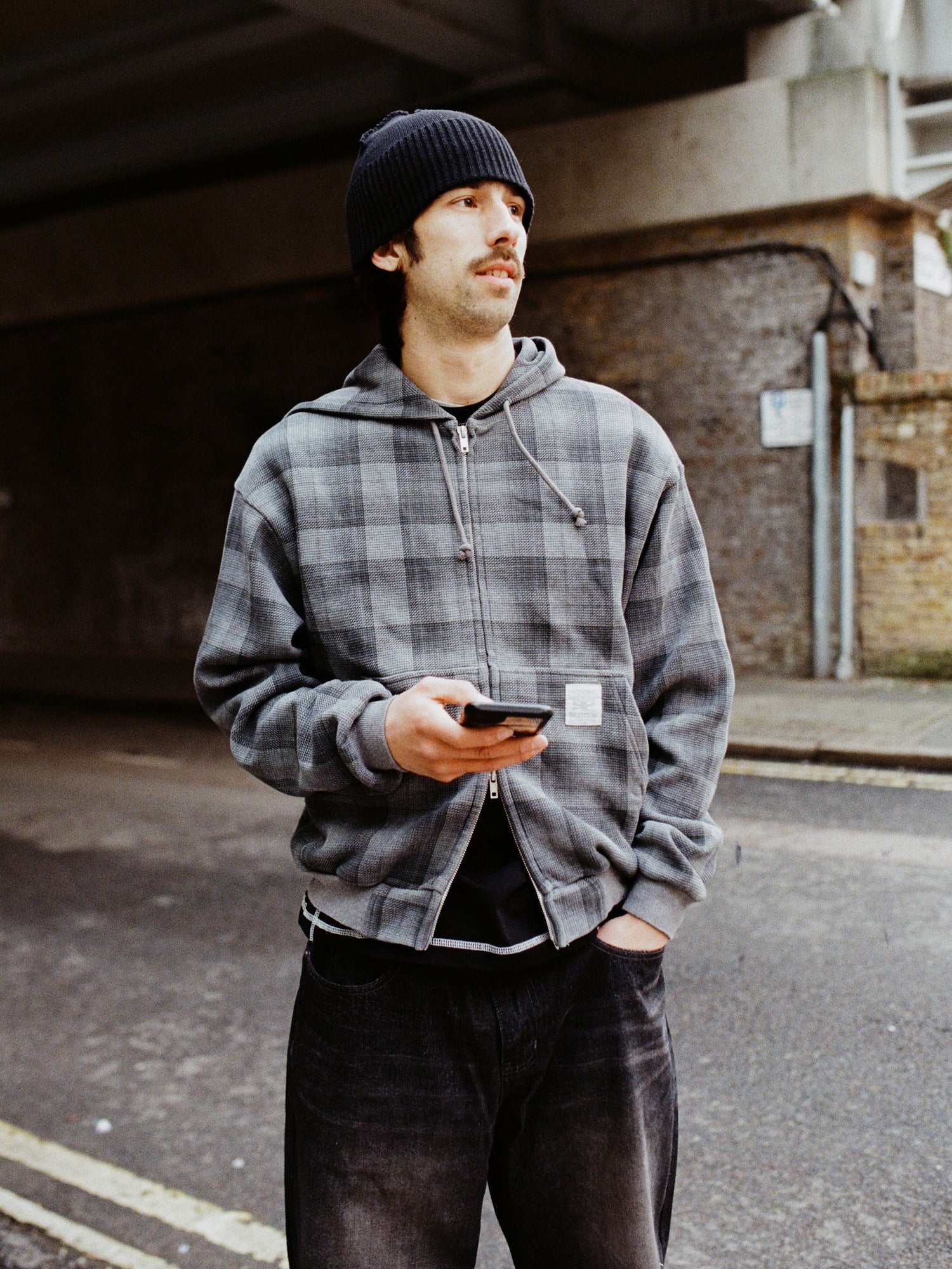 Waffle Zip-Thru Hood, Grey Plaid