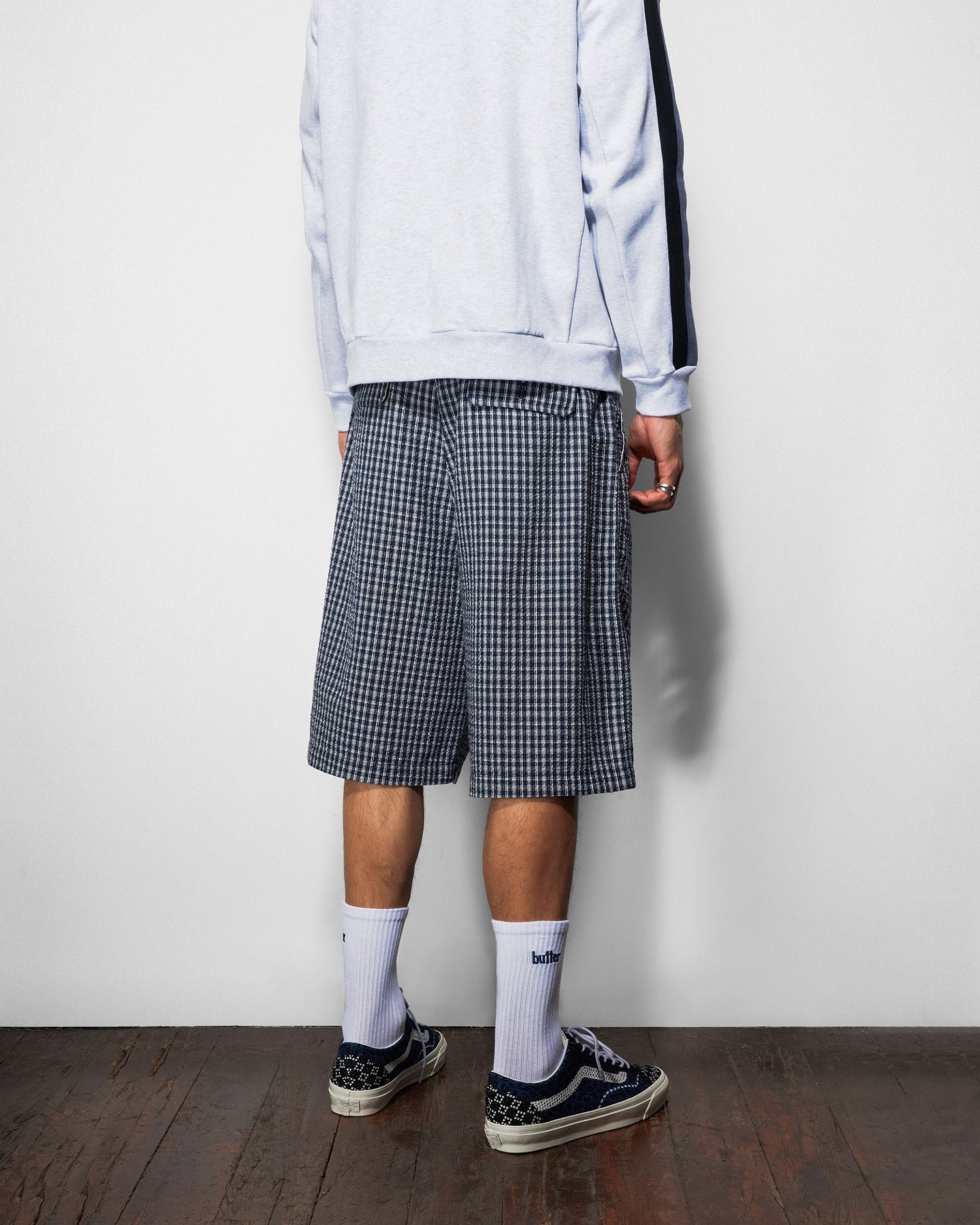 Pleated Shorts, Navy Plaid