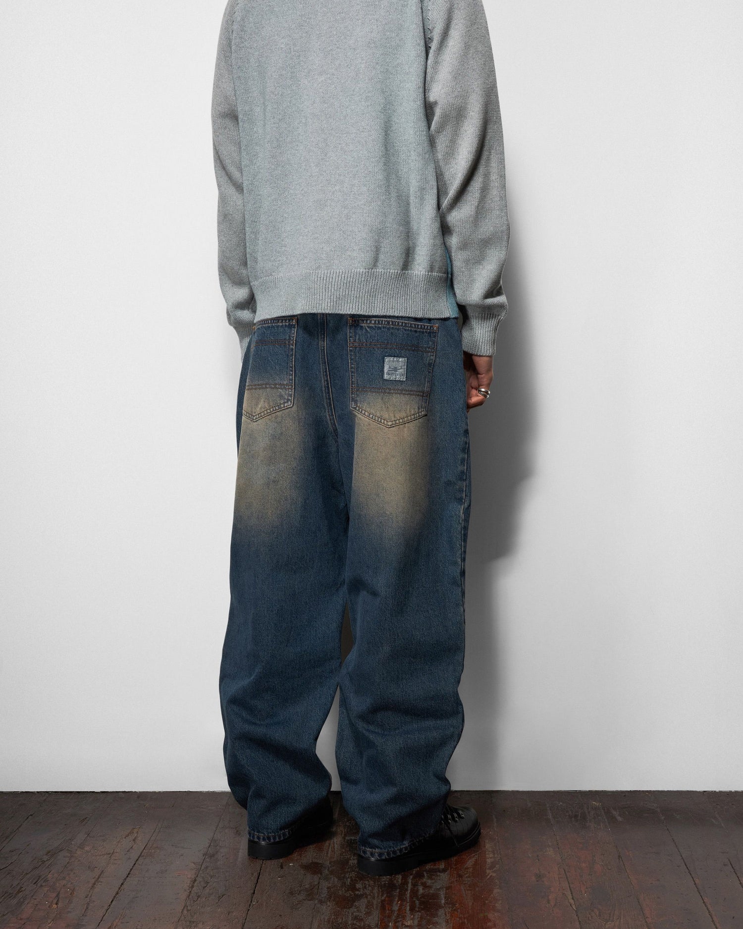 Wide Cut Denim Jeans, Rinsed Black