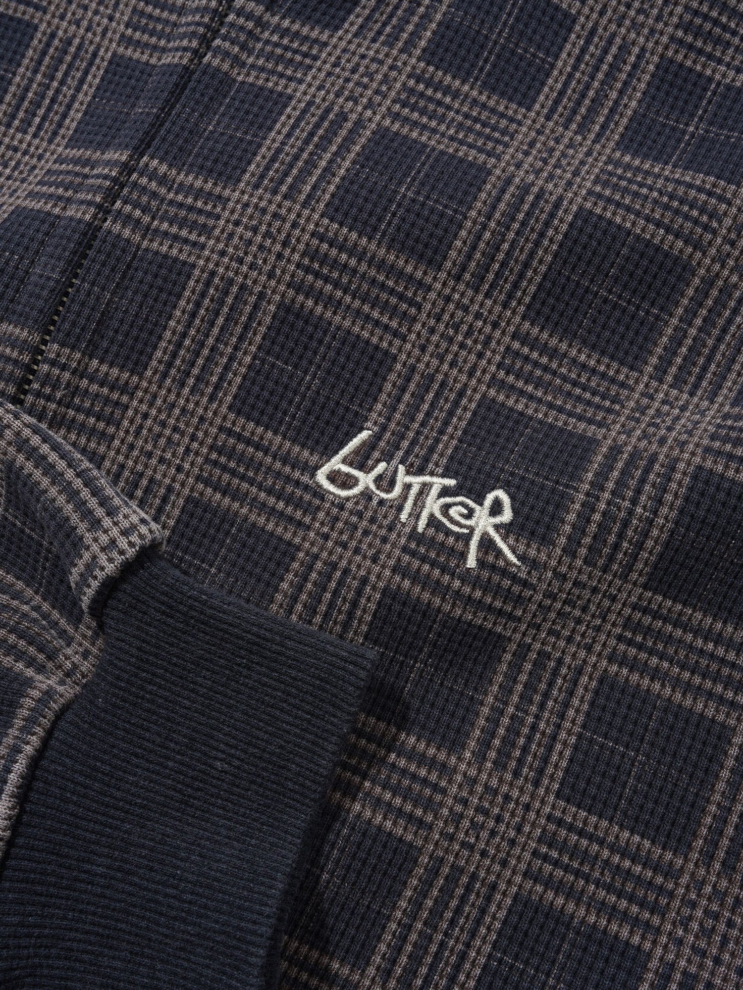Funnel Neck Waffle Zip-Thru, Navy Plaid