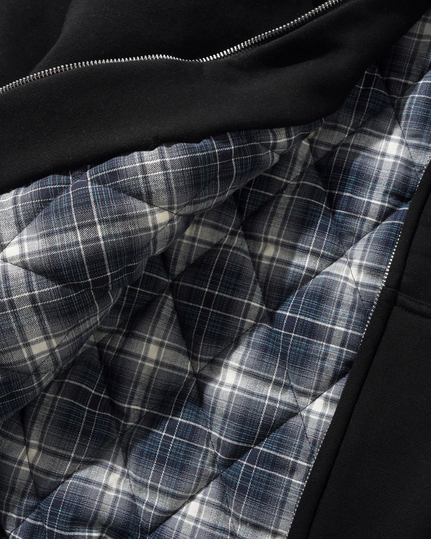 Plaid Lined Zip-Thru Hood, Black