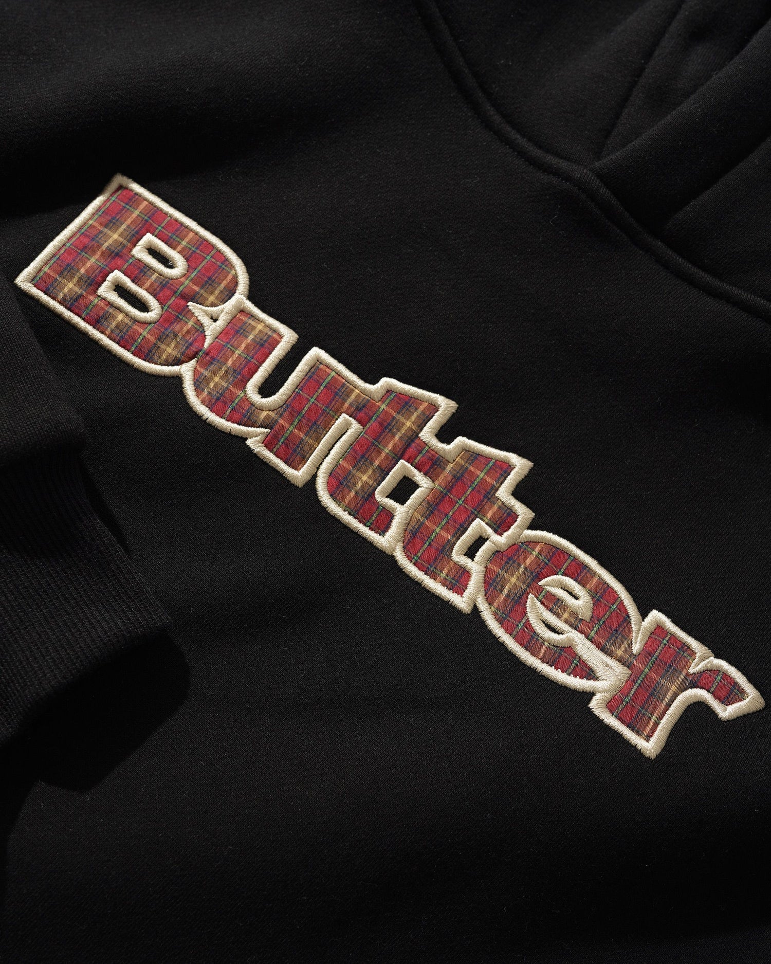 Plaid Logo Applique Pullover Hood, Black