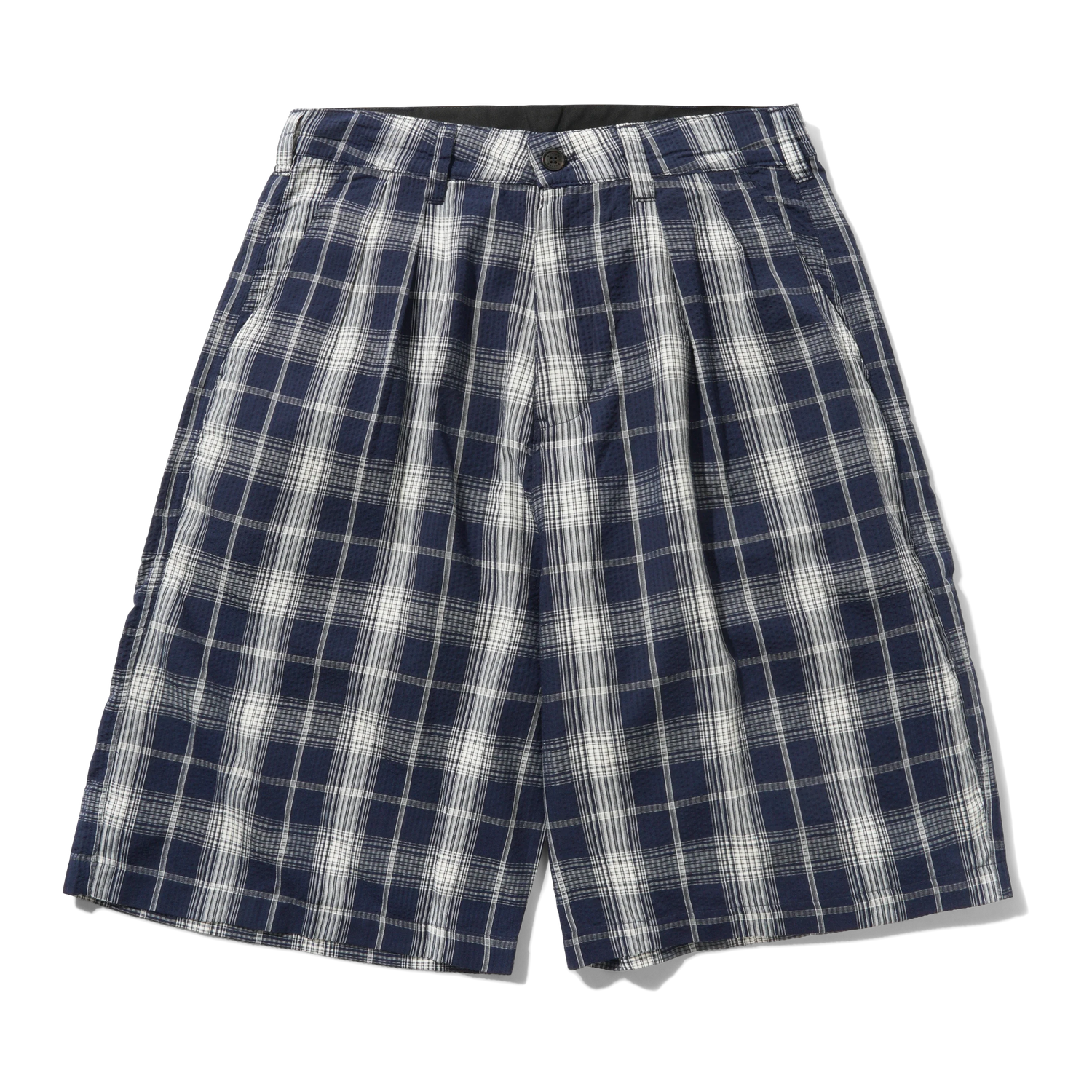 Pleated Shorts, Navy Plaid