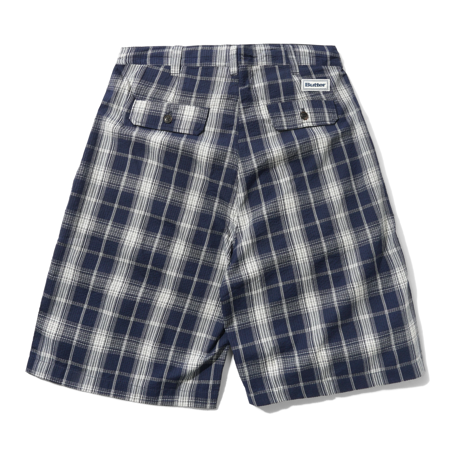 Pleated Shorts, Navy Plaid