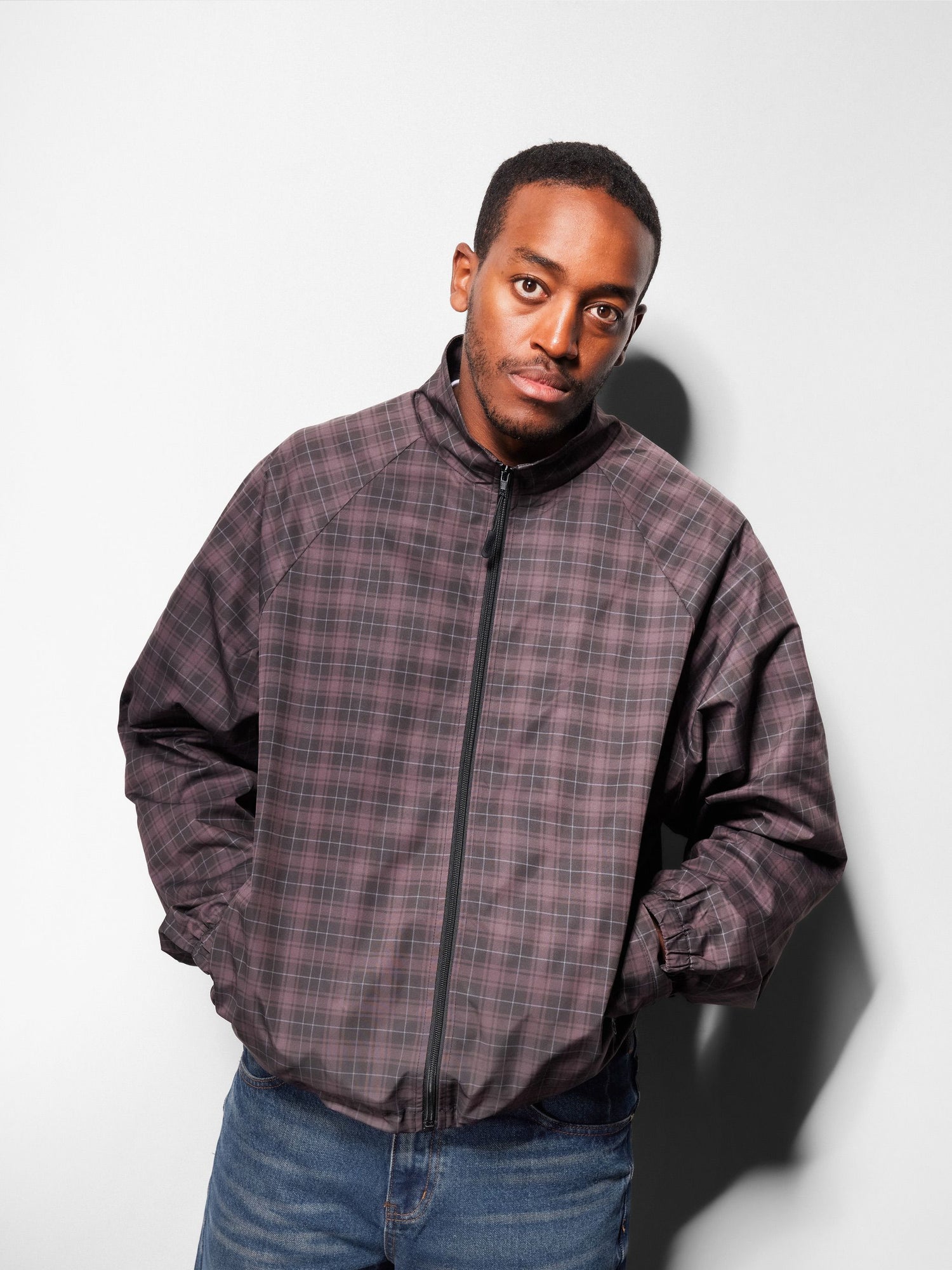 Plaid Nylon Jacket, Burgundy