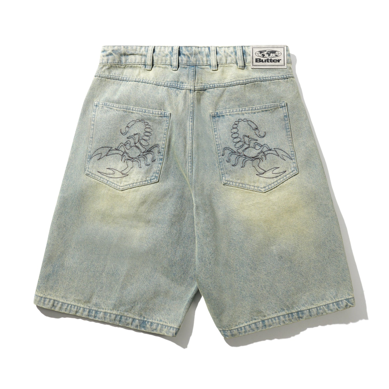 Scorpion Stitch Denim Shorts, Tinted Light Blue